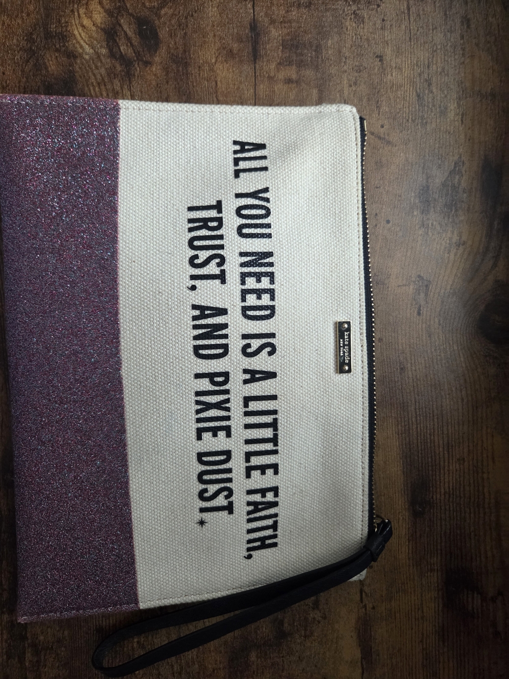 kate spade Cream Canvas Wristlet with Pink Glitter Accent